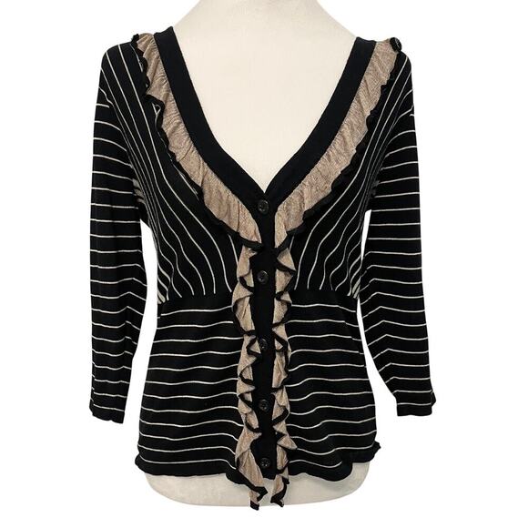 Cabi Flirt Ruffles Cardigan Babydoll Sweater Black Beige Size Small Y2K Striped - Picture 1 of 9